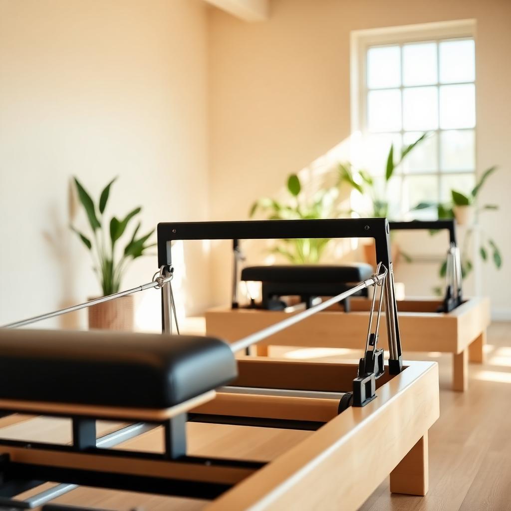 Woman practicing on a Pilates reformer